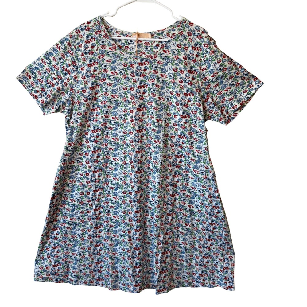 La Cera Women 1X Floral Cotton Knit Short Sleeve Shift Dress Red Blue Cotagecore